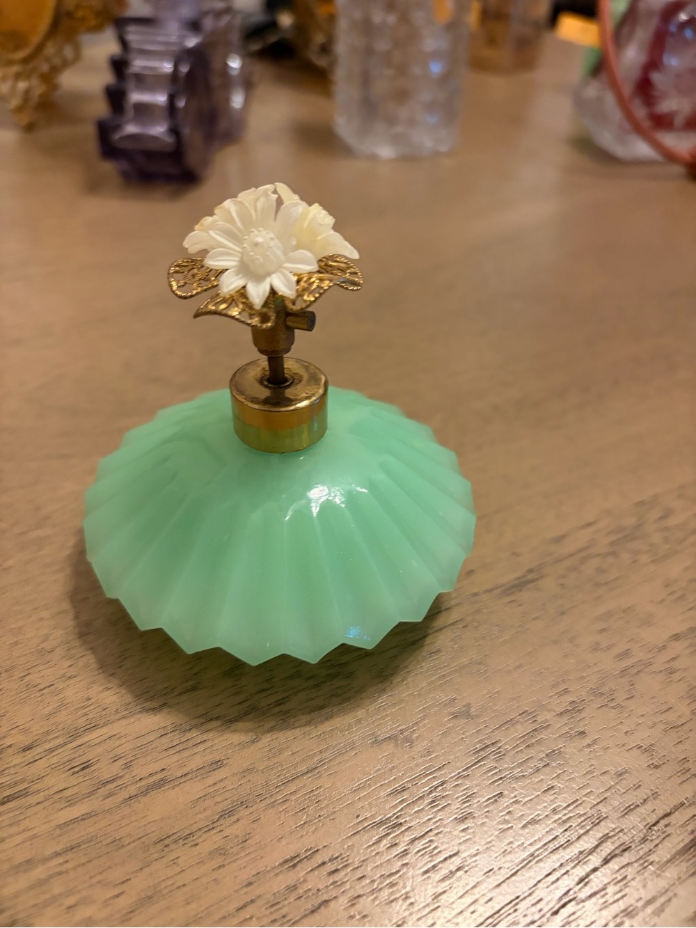 Mint Green Decorative Glass Perfume Bottle with Floral Stopper